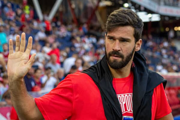 SALZBURG, AUSTRIA - Wednesday, July 27, 2022: Liverpool's injured goalkeeper Alisson Becker during the pre-match warm-up before a pre-season friendly between FC Red Bull Salzburg and Liverpool FC at the Red Bull Arena. (Pic by David Rawcliffe/Propaganda)