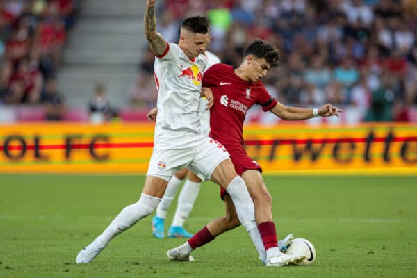 SALZBURG, AUSTRIA - Wednesday, July 27, 2022: Liverpool's Stefan Bajcetic (R) during a pre-season friendly between FC Red Bull Salzburg and Liverpool FC at the Red Bull Arena. (Pic by David Rawcliffe/Propaganda)