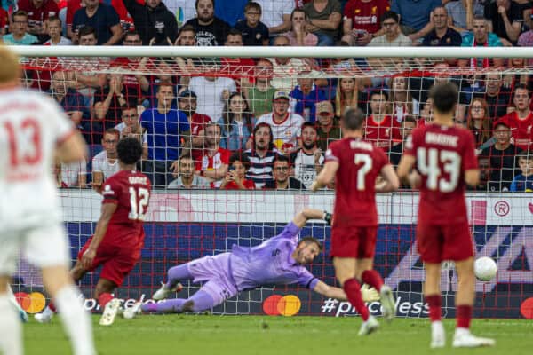 SALZBURG, AUSTRIA - Wednesday, July 27, 2022: Liverpool's goalkeeper Adrián San Miguel del Castillo is beaten as RB Salzburg's Benjamin Šeško (L) scores the opening goal during a pre-season friendly between FC Red Bull Salzburg and Liverpool FC at the Red Bull Arena. (Pic by David Rawcliffe/Propaganda)