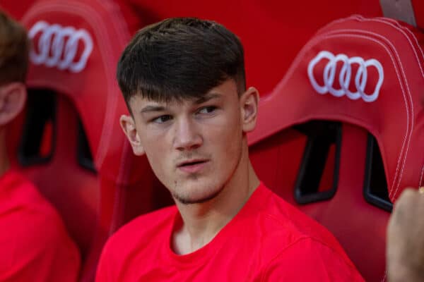 SALZBURG, AUSTRIA - Wednesday, July 27, 2022: Liverpool's Calvin Ramsay on the bench during the pre-match warm-up before a pre-season friendly between FC Red Bull Salzburg and Liverpool FC at the Red Bull Arena. (Pic by David Rawcliffe/Propaganda)