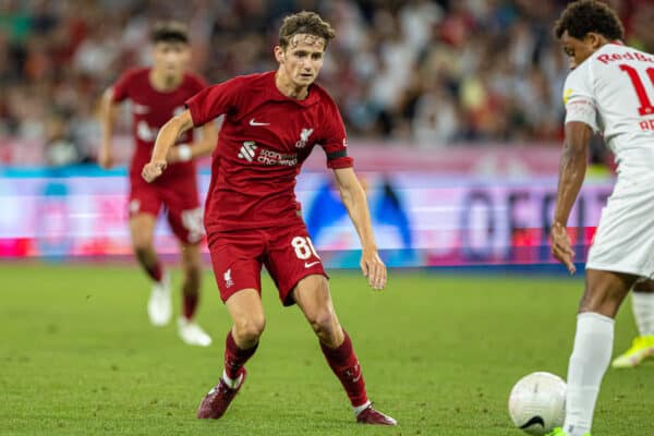 SALZBURG, AUSTRIA - Wednesday, July 27, 2022: Liverpool's Tyler Morton during a pre-season friendly between FC Red Bull Salzburg and Liverpool FC at the Red Bull Arena. (Pic by David Rawcliffe/Propaganda)