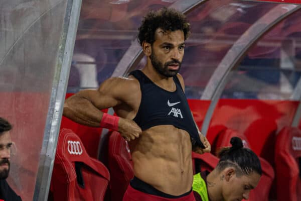 SALZBURG, AUSTRIA - Wednesday, July 27, 2022: Liverpool's Mohamed Salah prepares to come on as a substitute during a pre-season friendly between FC Red Bull Salzburg and Liverpool FC at the Red Bull Arena. (Pic by David Rawcliffe/Propaganda)