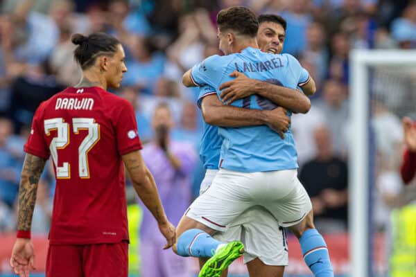 LEICESTER, ENGLAND - Saturday, July 30, 2022: Manchester City's Julián Álvarez (L) celebrates after scoring the first equalising goal during the FA Community Shield friendly match between Liverpool FC and Manchester City FC at the King Power Stadium. (Pic by David Rawcliffe/Propaganda)