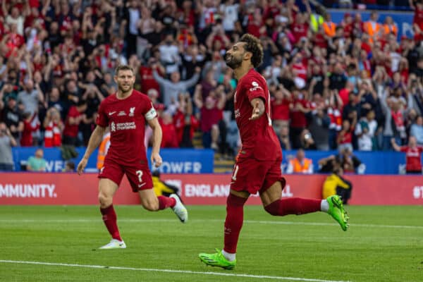 LEICESTER, ENGLAND - Saturday, July 30, 2022: Liverpool's Mohamed Salah celebrates after scoring the second goal from a penalty kick during the FA Community Shield friendly match between Liverpool FC and Manchester City FC at the King Power Stadium. (Pic by David Rawcliffe/Propaganda)