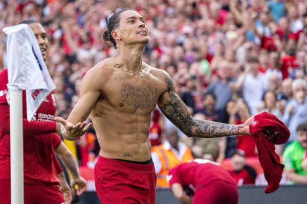 LEICESTER, ENGLAND - Saturday, July 30, 2022: Liverpool's Darwin Núñez celebrates after scoring the third goal during the FA Community Shield friendly match between Liverpool FC and Manchester City FC at the King Power Stadium. (Pic by David Rawcliffe/Propaganda)