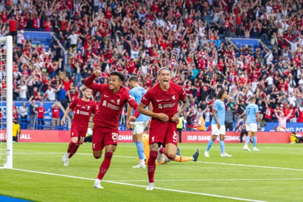 LEICESTER, ENGLAND - Saturday, July 30, 2022: Liverpool's Darwin Núñez celebrates after scoring the third goal during the FA Community Shield friendly match between Liverpool FC and Manchester City FC at the King Power Stadium. (Pic by David Rawcliffe/Propaganda)