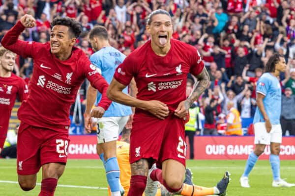 LEICESTER, ENGLAND - Saturday, July 30, 2022: Liverpool's Darwin Núñez celebrates after scoring the third goal during the FA Community Shield friendly match between Liverpool FC and Manchester City FC at the King Power Stadium. (Pic by David Rawcliffe/Propaganda)