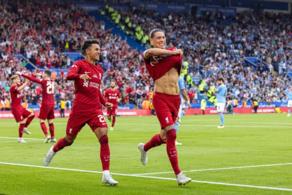 LEICESTER, ENGLAND - Saturday, July 30, 2022: Liverpool's Darwin Núñez celebrates after scoring the third goal during the FA Community Shield friendly match between Liverpool FC and Manchester City FC at the King Power Stadium. (Pic by David Rawcliffe/Propaganda)