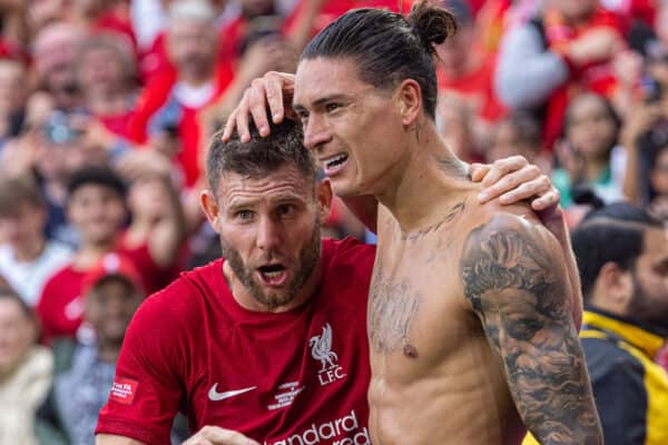 LEICESTER, ENGLAND - Saturday, July 30, 2022: Liverpool's Darwin Núñez celebrates after scoring the third goal during the FA Community Shield friendly match between Liverpool FC and Manchester City FC at the King Power Stadium. (Pic by David Rawcliffe/Propaganda)