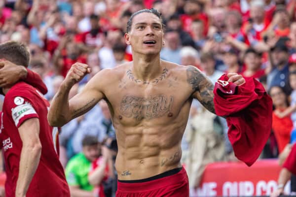 LEICESTER, ENGLAND - Saturday, July 30, 2022: Liverpool's Darwin Núñez celebrates after scoring the third goal during the FA Community Shield friendly match between Liverpool FC and Manchester City FC at the King Power Stadium. (Pic by David Rawcliffe/Propaganda)