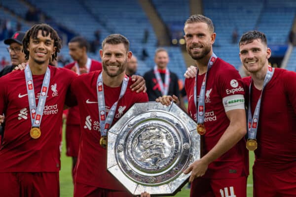 LEICESTER, ENGLAND - Saturday, July 30, 2022: Liverpool's Trent Alexander-Arnold, James Milner, captain Jordan Henderson and Andy Robertson celebrate with the trophy after the FA Community Shield friendly match between Liverpool FC and Manchester City FC at the King Power Stadium. Liverpool won 3-1. (Pic by David Rawcliffe/Propaganda)