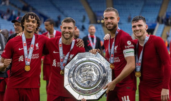 LEICESTER, ENGLAND - Saturday, July 30, 2022: Liverpool's Trent Alexander-Arnold, James Milner, captain Jordan Henderson and Andy Robertson celebrate with the trophy after the FA Community Shield friendly match between Liverpool FC and Manchester City FC at the King Power Stadium. Liverpool won 3-1. (Pic by David Rawcliffe/Propaganda)