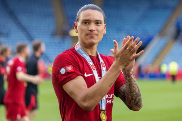 LEICESTER, ENGLAND - Saturday, July 30, 2022: Liverpool's Darwin Núñez celebrates after the FA Community Shield friendly match between Liverpool FC and Manchester City FC at the King Power Stadium. Liverpool won 3-1. (Pic by David Rawcliffe/Propaganda)