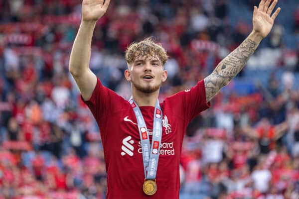 LEICESTER, ENGLAND - Saturday, July 30, 2022: Liverpool's Harvey Elliott celebrates after the FA Community Shield friendly match between Liverpool FC and Manchester City FC at the King Power Stadium. Liverpool won 3-1. (Pic by David Rawcliffe/Propaganda)