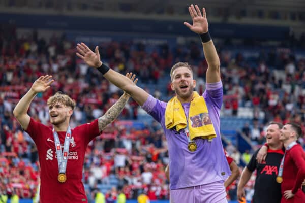 LEICESTER, ENGLAND - Saturday, July 30, 2022: Liverpool's goalkeeper Adrián San Miguel del Castillo celebrates after the FA Community Shield friendly match between Liverpool FC and Manchester City FC at the King Power Stadium. Liverpool won 3-1. (Pic by David Rawcliffe/Propaganda)