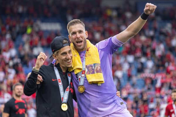 LEICESTER, ENGLAND - Saturday, July 30, 2022: Liverpool's Kostas Tsimikas (L) and goalkeeper Adrián San Miguel del Castillo celebrate after the FA Community Shield friendly match between Liverpool FC and Manchester City FC at the King Power Stadium. Liverpool won 3-1. (Pic by David Rawcliffe/Propaganda)