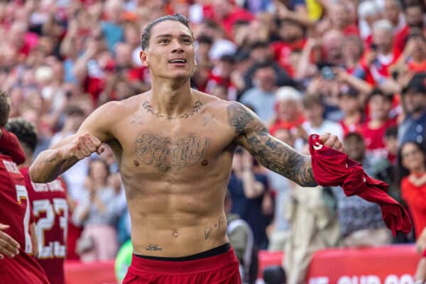 LEICESTER, ENGLAND - Saturday, July 30, 2022: Liverpool's Darwin Núñez (R) celebrates after scoring the third goal during the FA Community Shield friendly match between Liverpool FC and Manchester City FC at the King Power Stadium. Liverpool won 3-1. (Pic by David Rawcliffe/Propaganda)