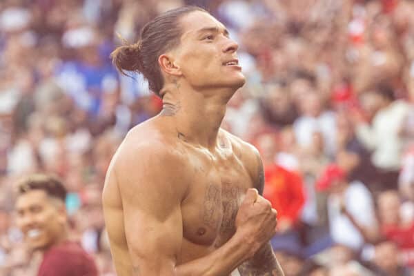 LEICESTER, ENGLAND - Saturday, July 30, 2022: Liverpool's Darwin Núñez (R) celebrates after scoring the third goal during the FA Community Shield friendly match between Liverpool FC and Manchester City FC at the King Power Stadium. Liverpool won 3-1. (Pic by David Rawcliffe/Propaganda)