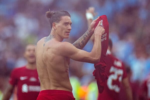 LEICESTER, ENGLAND - Saturday, July 30, 2022: Liverpool's Darwin Núñez celebrates after scoring the third goal during the FA Community Shield friendly match between Liverpool FC and Manchester City FC at the King Power Stadium. Liverpool won 3-1. (Pic by David Rawcliffe/Propaganda)