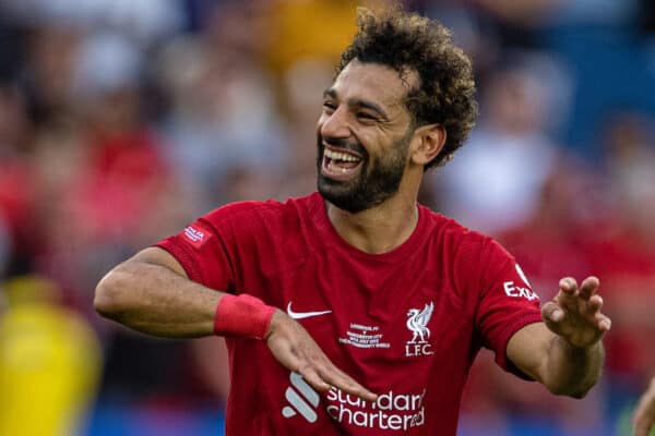 LEICESTER, ENGLAND - Saturday, July 30, 2022: Liverpool's Mohamed Salah celebrates after the FA Community Shield friendly match between Liverpool FC and Manchester City FC at the King Power Stadium. Liverpool won 3-1. (Pic by David Rawcliffe/Propaganda)