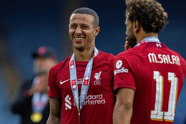 LEICESTER, ENGLAND - Saturday, July 30, 2022: Liverpool's Thiago Alcântara (L) and Mohamed Salah after the FA Community Shield friendly match between Liverpool FC and Manchester City FC at the King Power Stadium. Liverpool won 3-1. (Pic by David Rawcliffe/Propaganda)