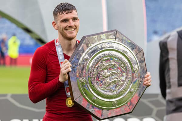 LEICESTER, ENGLAND - Saturday, July 30, 2022: Liverpool's Andy Robertson celebrates with the trophy after the FA Community Shield friendly match between Liverpool FC and Manchester City FC at the King Power Stadium. Liverpool won 3-1. (Pic by David Rawcliffe/Propaganda)