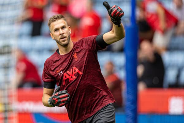 LEICESTER, ENGLAND - Saturday, July 30, 2022: Liverpool's goalkeeper Adrián San Miguel del Castillo during the pre-match warm-up before the FA Community Shield friendly match between Liverpool FC and Manchester City FC at the King Power Stadium. (Pic by David Rawcliffe/Propaganda)