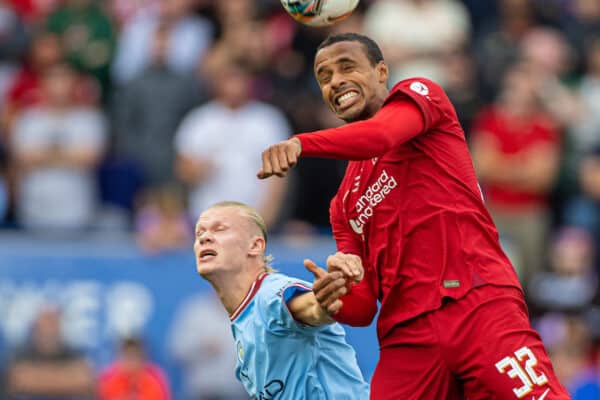 LEICESTER, ENGLAND - Saturday, July 30, 2022: Liverpool's Joël Matip (R) challenges for a header with Manchester City's Erling Haarland during the FA Community Shield friendly match between Liverpool FC and Manchester City FC at the King Power Stadium. (Pic by David Rawcliffe/Propaganda)
