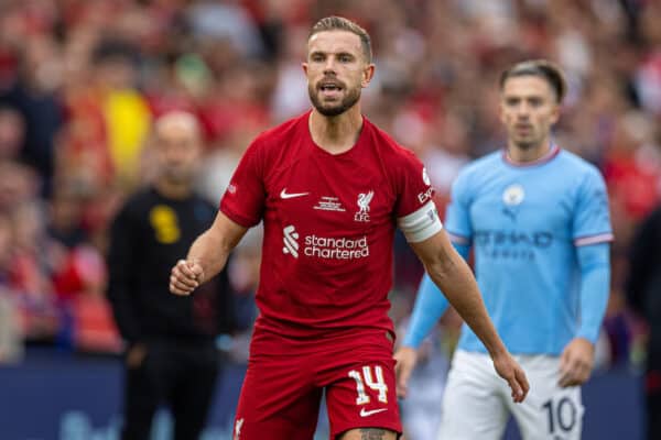 LEICESTER, ENGLAND - Saturday, July 30, 2022: Liverpool's captain Jordan Henderson during the FA Community Shield friendly match between Liverpool FC and Manchester City FC at the King Power Stadium. (Pic by David Rawcliffe/Propaganda)