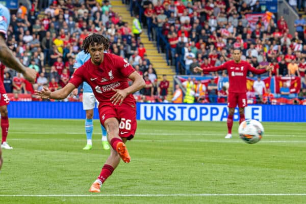 LEICESTER, ENGLAND - Saturday, July 30, 2022: Liverpool's Trent Alexander-Arnold scores the first goal during the FA Community Shield friendly match between Liverpool FC and Manchester City FC at the King Power Stadium. (Pic by David Rawcliffe/Propaganda)