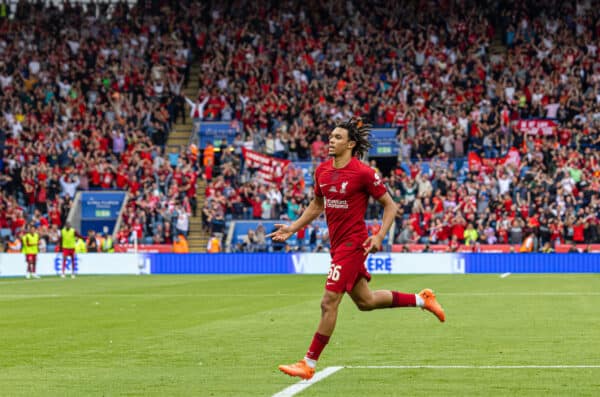 LEICESTER, ENGLAND - Saturday, July 30, 2022: Liverpool's Trent Alexander-Arnold celebrates after scoring the first goal during the FA Community Shield friendly match between Liverpool FC and Manchester City FC at the King Power Stadium. (Pic by David Rawcliffe/Propaganda)