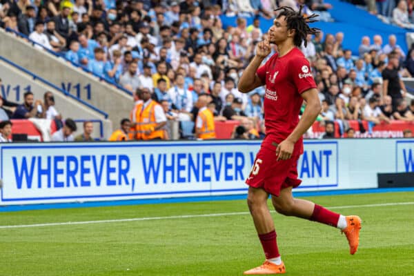 LEICESTER, ENGLAND - Saturday, July 30, 2022: Liverpool's Trent Alexander-Arnold celebrates after scoring the first goal during the FA Community Shield friendly match between Liverpool FC and Manchester City FC at the King Power Stadium. (Pic by David Rawcliffe/Propaganda)