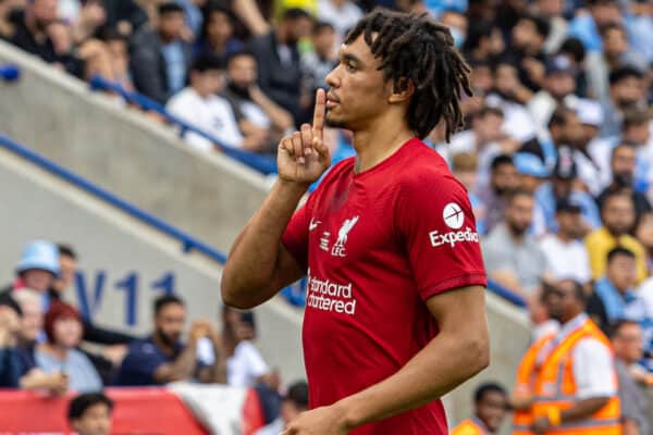 LEICESTER, ENGLAND - Saturday, July 30, 2022: Liverpool's Trent Alexander-Arnold celebrates after scoring the first goal during the FA Community Shield friendly match between Liverpool FC and Manchester City FC at the King Power Stadium. (Pic by David Rawcliffe/Propaganda)