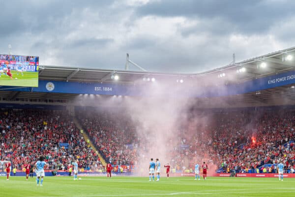 LEICESTER, ENGLAND - Saturday, July 30, 2022: Liverpool supporters celebrate after the opening goal during the FA Community Shield friendly match between Liverpool FC and Manchester City FC at the King Power Stadium. (Pic by David Rawcliffe/Propaganda)