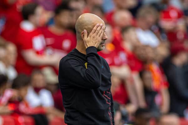 LEICESTER, ENGLAND - Saturday, July 30, 2022: Manchester City's manager Josep 'Pep' Guardiola reacts during the FA Community Shield friendly match between Liverpool FC and Manchester City FC at the King Power Stadium. (Pic by David Rawcliffe/Propaganda)