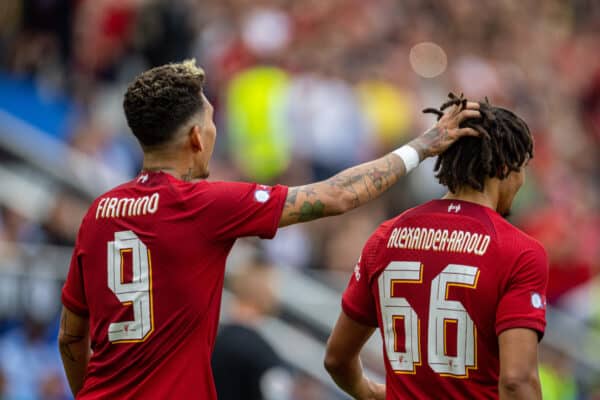 LEICESTER, ENGLAND - Saturday, July 30, 2022: Liverpool's Trent Alexander-Arnold (R) celebrates with team-mate Roberto Firmino (L) after scoring the first goal during the FA Community Shield friendly match between Liverpool FC and Manchester City FC at the King Power Stadium. (Pic by David Rawcliffe/Propaganda)