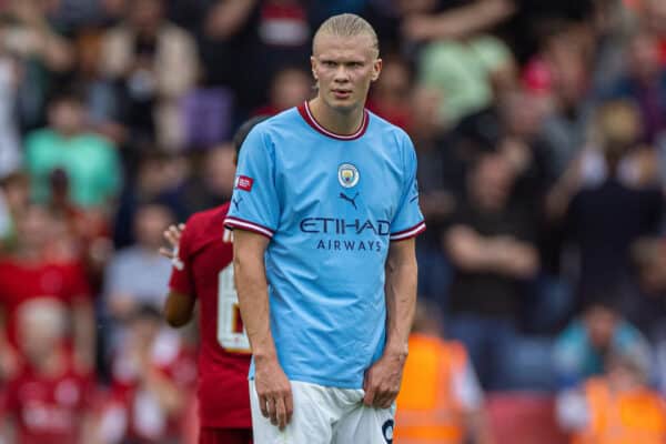 LEICESTER, ENGLAND - Saturday, July 30, 2022: Manchester City's Erling Haaland during the FA Community Shield friendly match between Liverpool FC and Manchester City FC at the King Power Stadium. (Pic by David Rawcliffe/Propaganda)