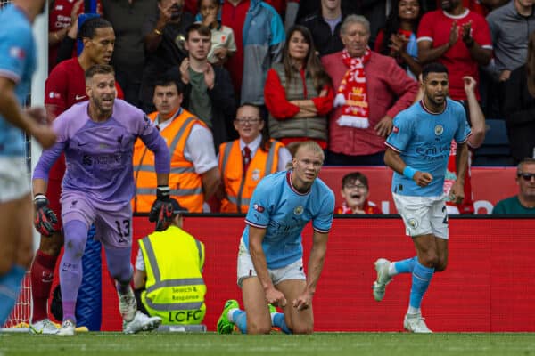 LEICESTER, ENGLAND - Saturday, July 30, 2022: Manchester City's Erling Haaland looks dejected after missing a chance during the FA Community Shield friendly match between Liverpool FC and Manchester City FC at the King Power Stadium. (Pic by David Rawcliffe/Propaganda)