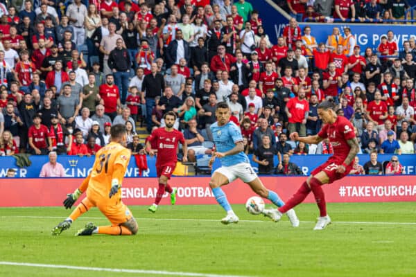 LEICESTER, ENGLAND - Saturday, July 30, 2022: Liverpool's Darwin Núñez sees his shot saved by Manchester City's goalkeeper Ederson Santana de Moraes during the FA Community Shield friendly match between Liverpool FC and Manchester City FC at the King Power Stadium. (Pic by David Rawcliffe/Propaganda)