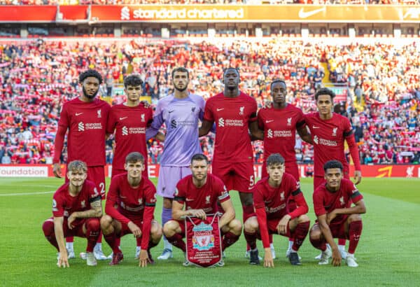 LIVERPOOL, ENGLAND - Sunday, July 31, 2022: Liverpool players line-up for a team group photograph before a pre-season friendly match between Liverpool FC and RC Strasbourg Alsace at Anfield. (Pic by David Rawcliffe/Propaganda)