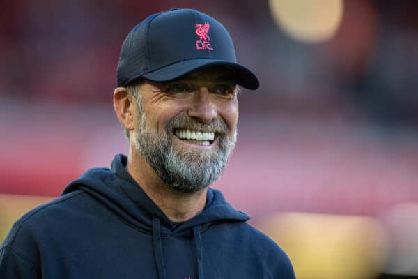 LIVERPOOL, ENGLAND - Sunday, July 31, 2022: Liverpool's manager Jürgen Klopp during the pre-match warm-up before a pre-season friendly match between Liverpool FC and RC Strasbourg Alsace at Anfield. (Pic by David Rawcliffe/Propaganda)