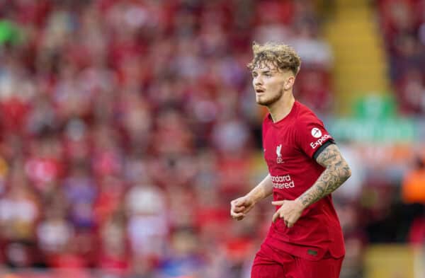 LIVERPOOL, ENGLAND - Sunday, July 31, 2022: Liverpool's Harvey Elliott during a pre-season friendly match between Liverpool FC and RC Strasbourg Alsace at Anfield. (Pic by David Rawcliffe/Propaganda)