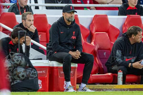 LIVERPOOL, ENGLAND - Sunday, July 31, 2022: Liverpool's manager Jürgen Klopp during a pre-season friendly match between Liverpool FC and RC Strasbourg Alsace at Anfield. (Pic by David Rawcliffe/Propaganda)