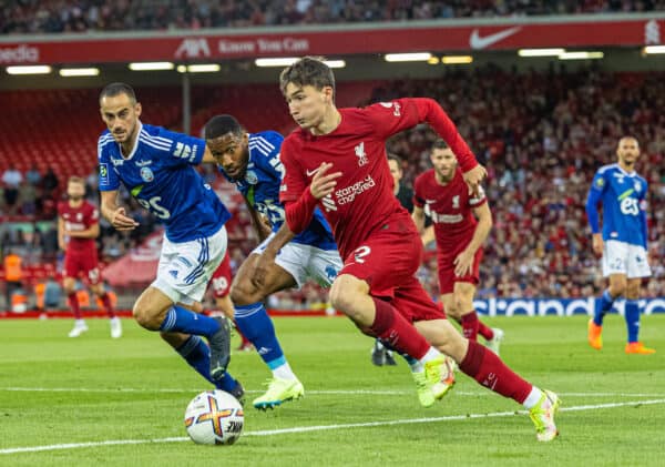 LIVERPOOL, ENGLAND - Sunday, July 31, 2022: Liverpool's Mateusz Musialowski during a pre-season friendly match between Liverpool FC and RC Strasbourg Alsace at Anfield. (Pic by David Rawcliffe/Propaganda)