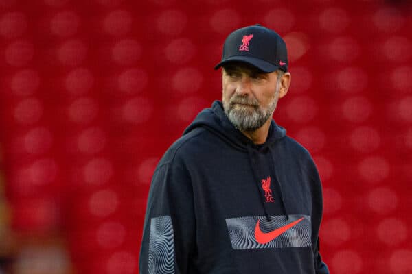 LIVERPOOL, ENGLAND - Sunday, July 31, 2022: Liverpool's manager Jürgen Klopp during the pre-match warm-up before a pre-season friendly match between Liverpool FC and RC Strasbourg Alsace at Anfield. (Pic by David Rawcliffe/Propaganda)