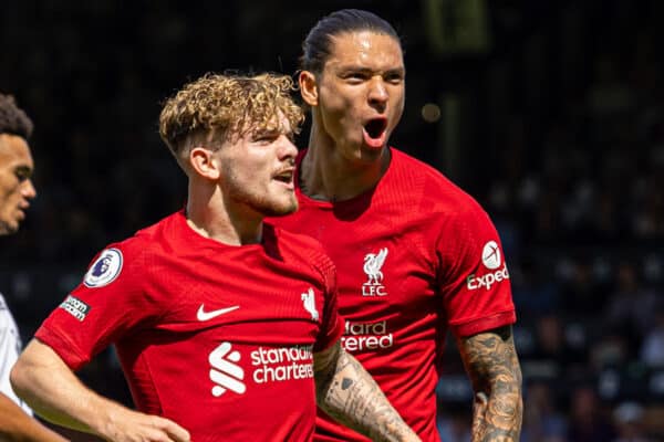 LONDON, ENGLAND - Saturday, August 6, 2022: Liverpool's Darwin Núñez celebrates after scoring his side's first goal to level the score 1-1 during the FA Premier League match between Fulham FC and Liverpool FC at Craven Cottage. (Pic by David Rawcliffe/Propaganda)