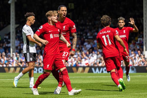 LONDON, ENGLAND - Saturday, August 6, 2022: Liverpool's Darwin Núñez celebrates after scoring his side's first goal to level the score 1-1 during the FA Premier League match between Fulham FC and Liverpool FC at Craven Cottage. (Pic by David Rawcliffe/Propaganda)