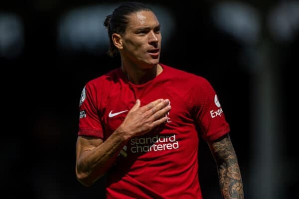 LONDON, ENGLAND - Saturday, August 6, 2022: Liverpool's Darwin Núñez celebrates after scoring his side's first goal to level the score 1-1 during the FA Premier League match between Fulham FC and Liverpool FC at Craven Cottage. (Pic by David Rawcliffe/Propaganda)