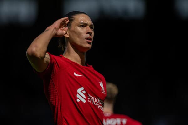 LONDON, ENGLAND - Saturday, August 6, 2022: Liverpool's Darwin Núñez celebrates after scoring his side's first goal to level the score 1-1 during the FA Premier League match between Fulham FC and Liverpool FC at Craven Cottage. (Pic by David Rawcliffe/Propaganda)