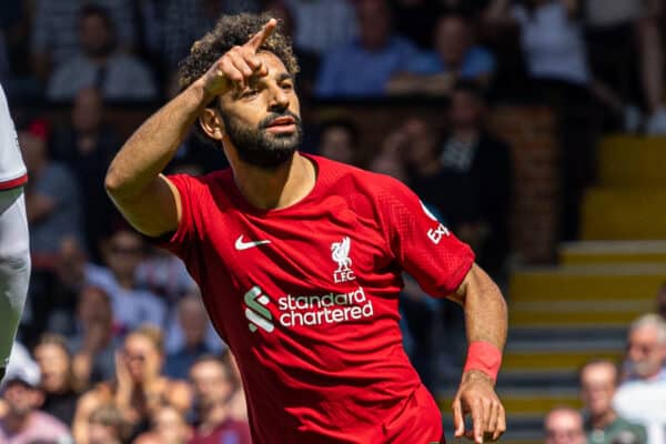 LONDON, ENGLAND - Saturday, August 6, 2022: Liverpool's Mohamed Salah celebrates after scoring his side's second equalising goal during the FA Premier League match between Fulham FC and Liverpool FC at Craven Cottage. (Pic by David Rawcliffe/Propaganda)